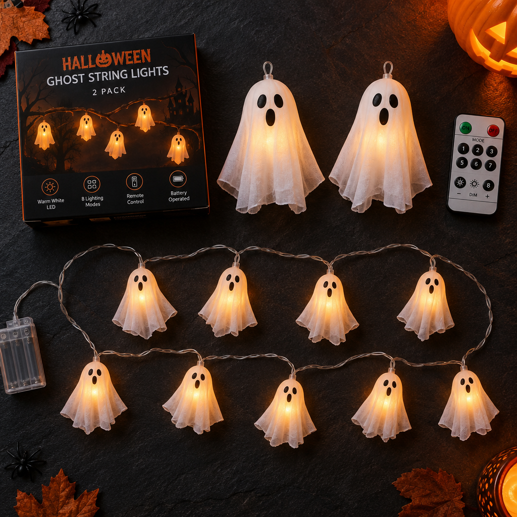 Flat lay of 2 pack Halloween ghost string lights with remote control