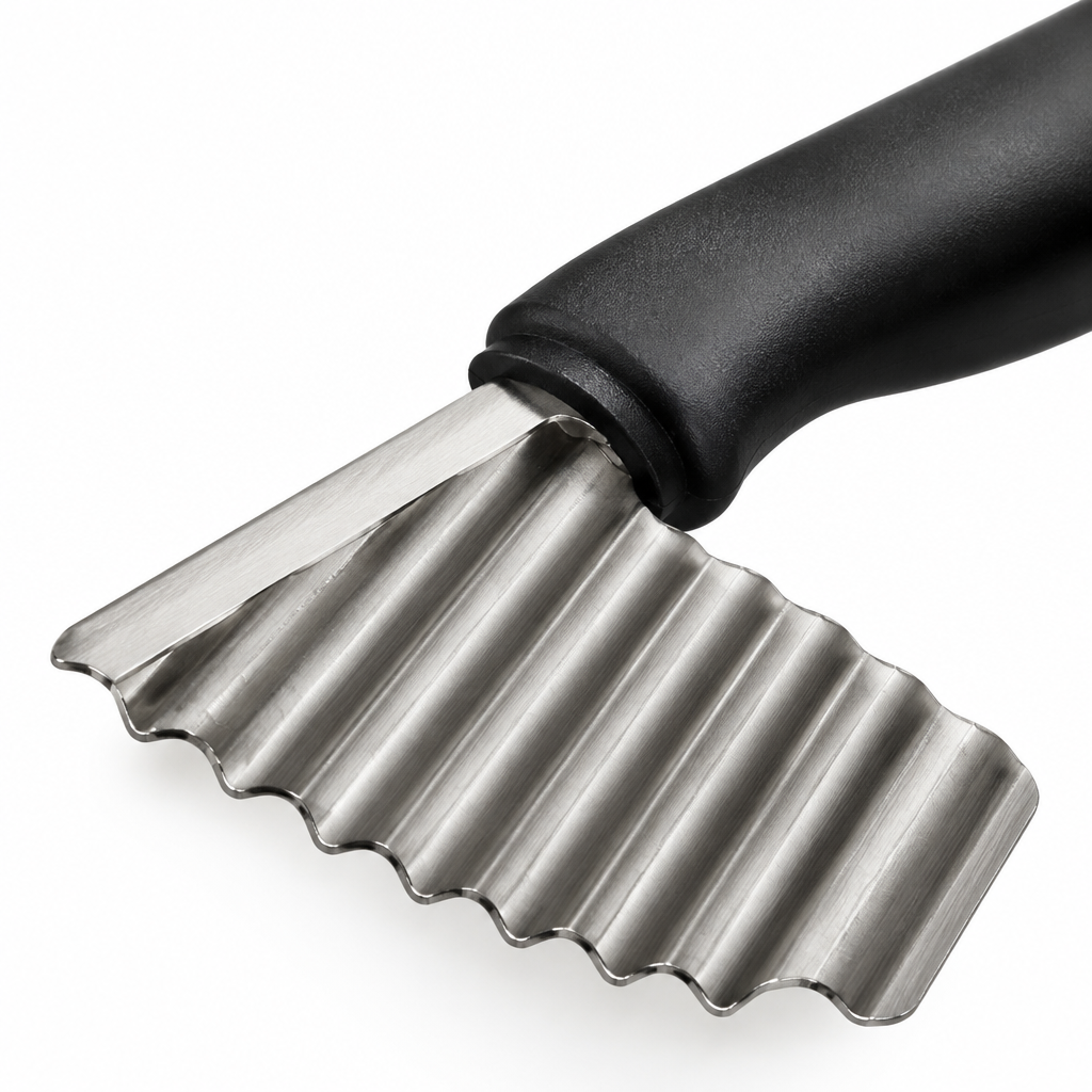 Close-up of sharp stainless steel wavy crinkle cutter blade with black ergonomic handle on white background
