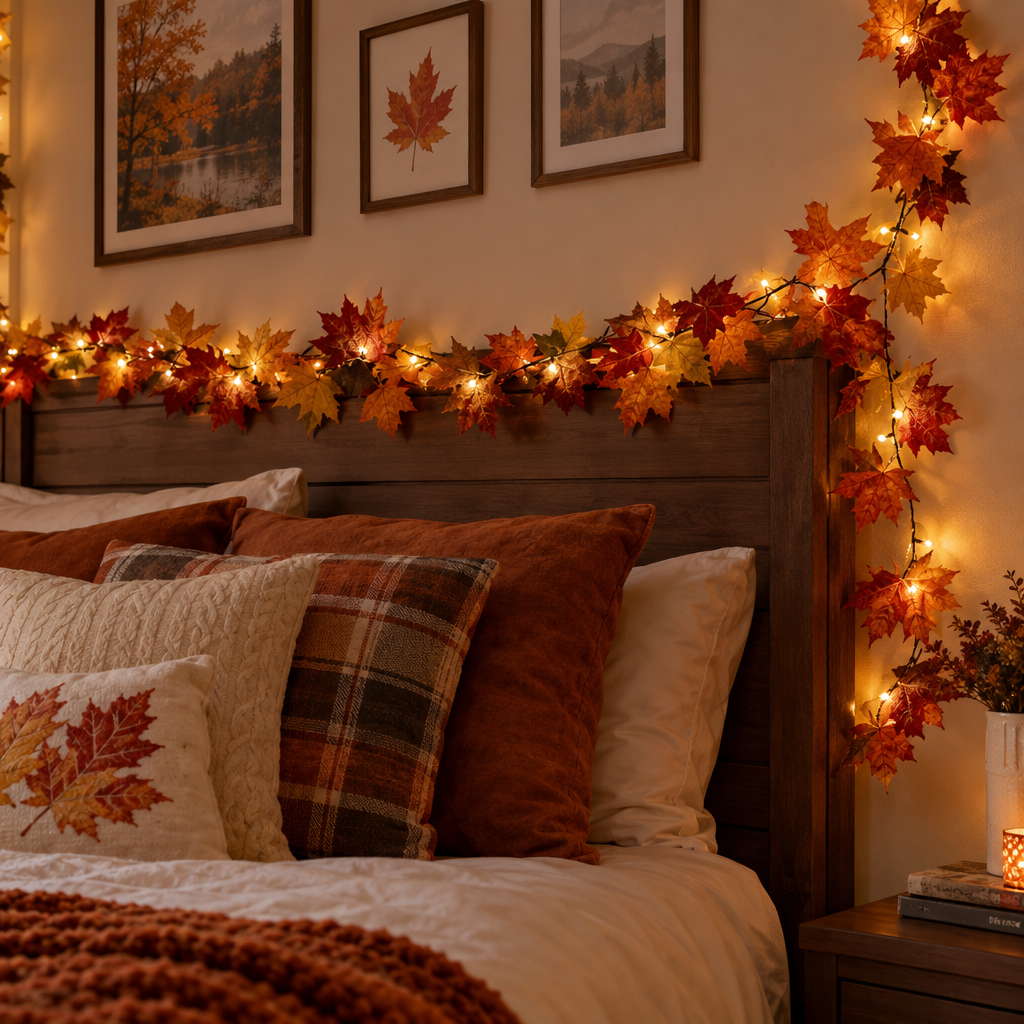 Maple leaf LED twig garland strung along a bedroom headboard with warm glowing lights and autumn fall decor