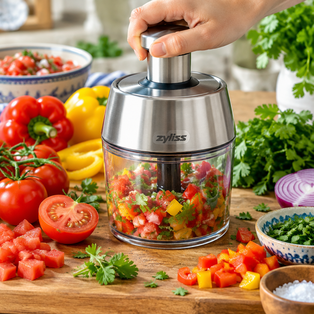 Hand chopper slicing fresh tomatoes bell peppers and herbs for salsa or salad prep on a wooden board