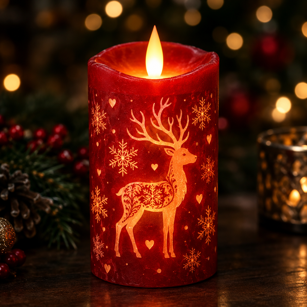 Close-up of Christmas flameless LED candle with reindeer etching and realistic flickering flame