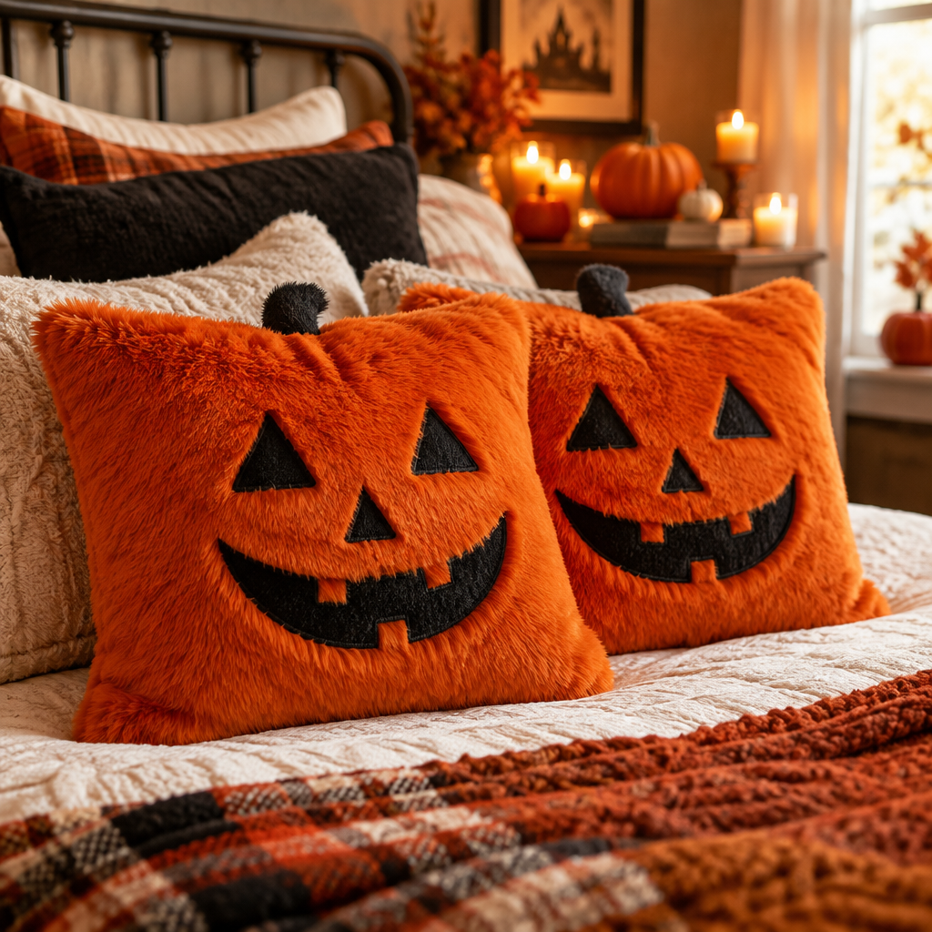 Set of 2 Halloween faux fur pumpkin pillow covers styled on a bed in a cozy autumn bedroom