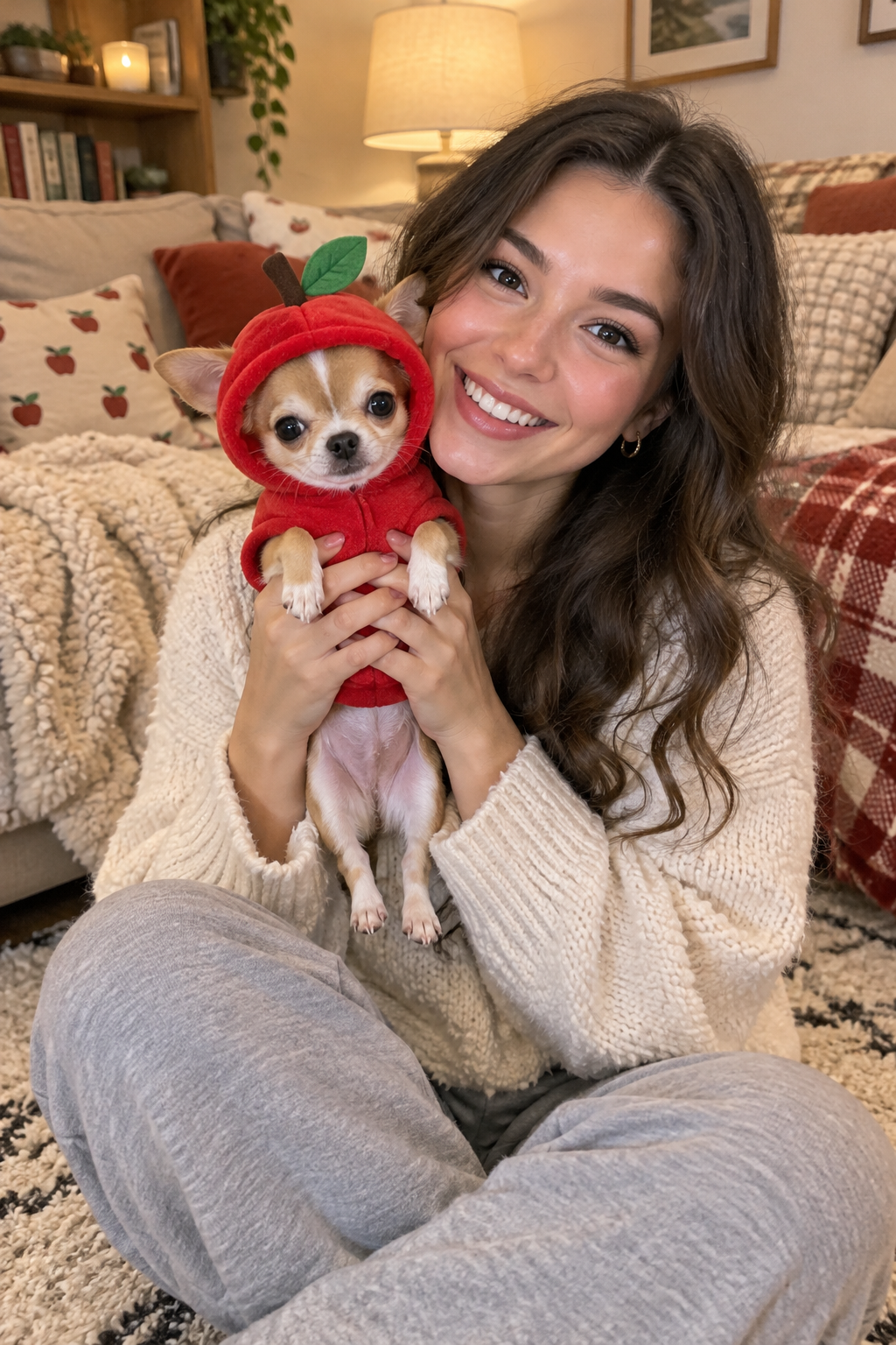 Beautiful young woman holding tiny Chihuahua wearing adorable red apple fruit hoodie in cozy living room