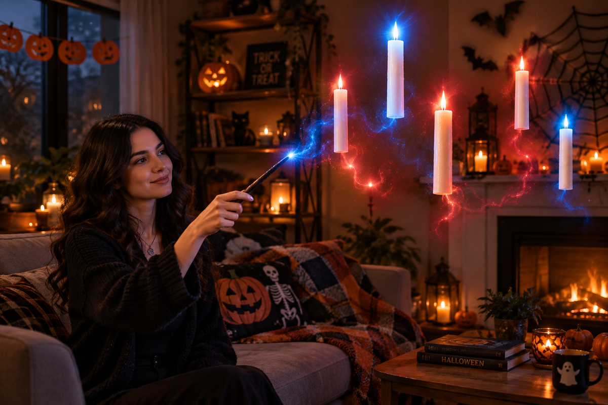 Girl using magic wand with floating candles