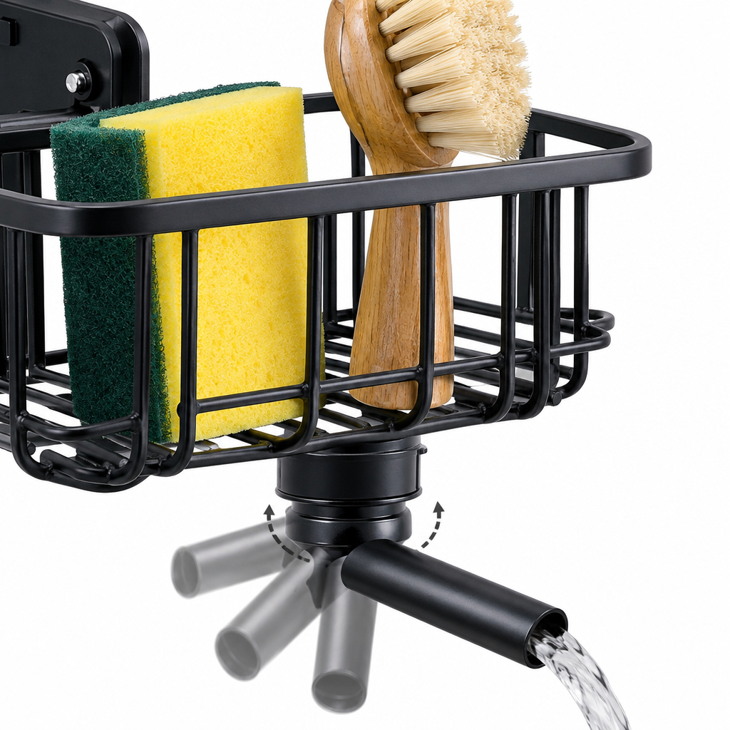 Close-up of black metal kitchen sink caddy showing 3-way swivel drain spout and open wire structure holding sponge and brush