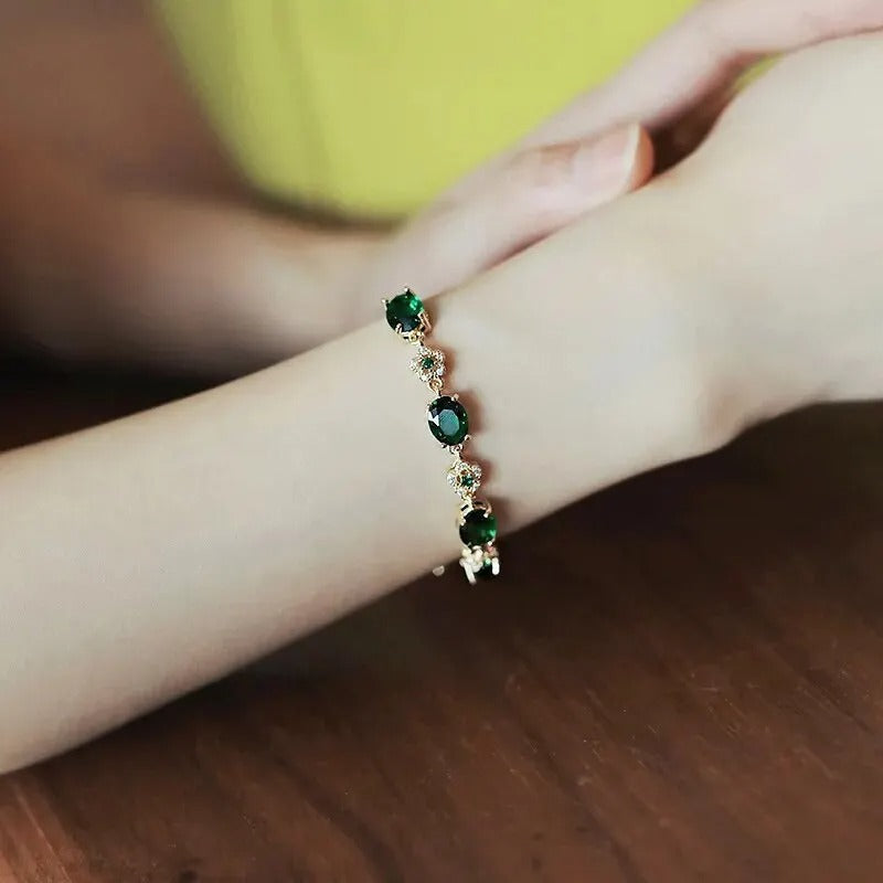 Luxury Green Rhinestone Crystal Bracelet Gold Color Link Chain Bracelets For Women Vintage