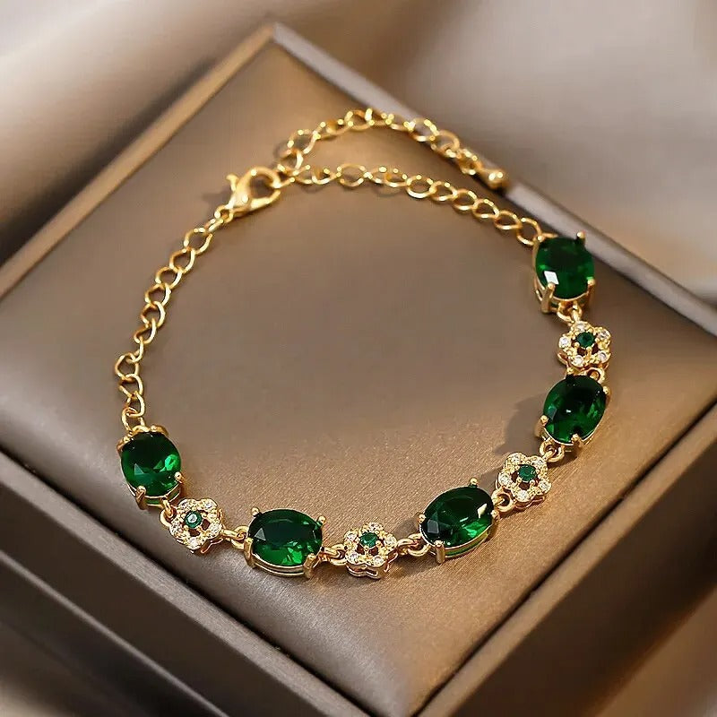 Luxury Green Rhinestone Crystal Bracelet Gold Color Link Chain Bracelets For Women Vintage