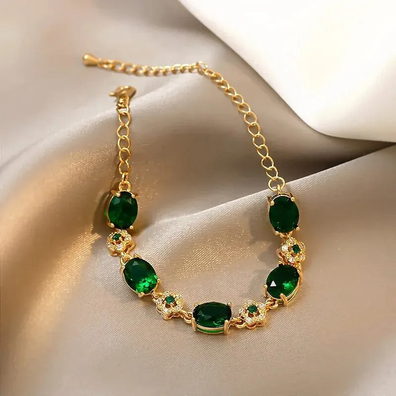 Luxury Green Rhinestone Crystal Bracelet Gold Color Link Chain Bracelets For Women Vintage